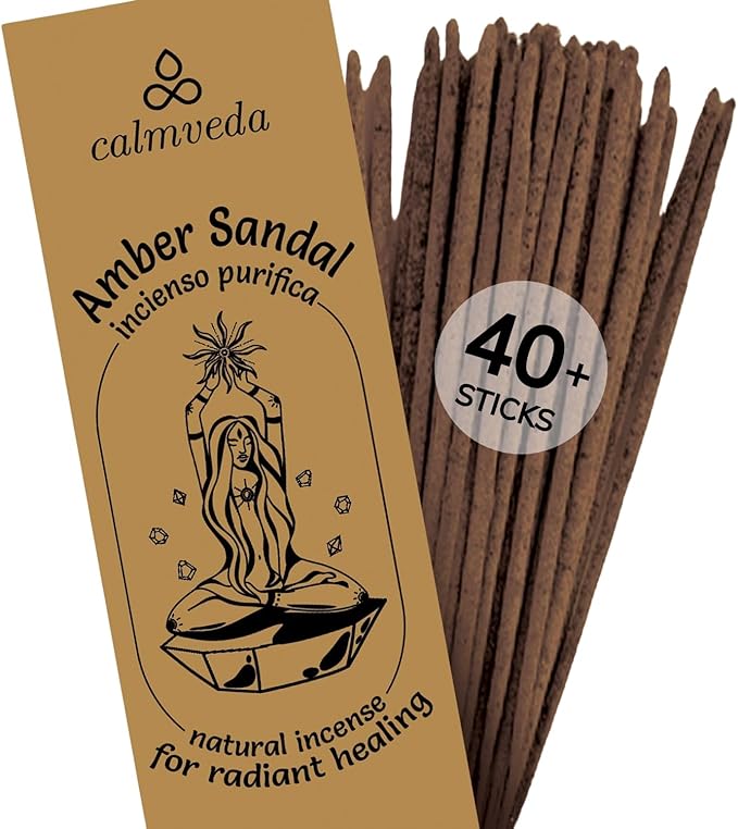 Sandalwood Amber Incense Sticks Resin - (40+ Sticks, 9 Inch) Thick Natural Amber Incense Sticks Made from Resins, Clean Charcoal Free | Warm Resinous - Sweet Aroma to Balance Energy & Cleanse Home