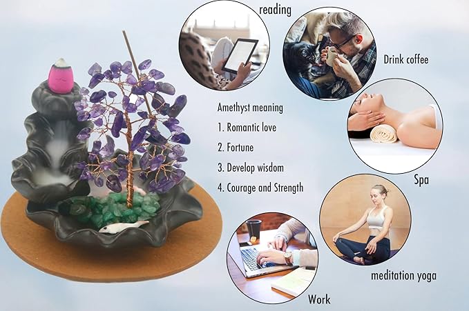 Ceramic Waterfall Incense Burner, Money Tree Backflow Holder Healing Crystal Stone, with 30 Cones + Stick for Yoga Meditation Home Zen Decoration(Amethyst)