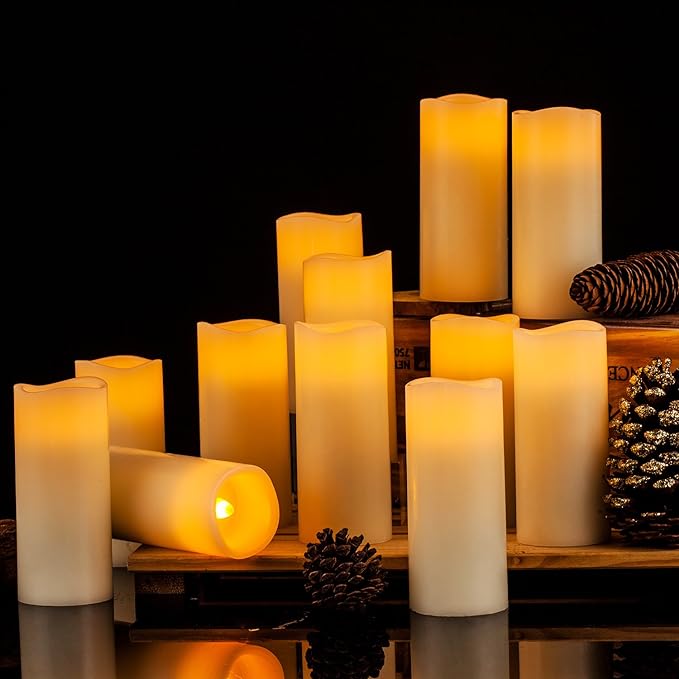 Flameless Candles Flickering LED Candles Set of 12 (D:2.2" X H:5") Ivory Real Wax Pillar Battery Opeated Candles with 10-Key Remote and Cycling 24 Hours Timer