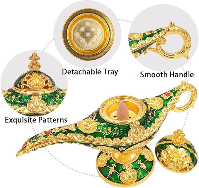 Aladdin Lamp Incense Holder Vintage Magic Genie Lamp Cone Incense Burners Legend Wishing Light for Home Decor Birthday Gift Party Green