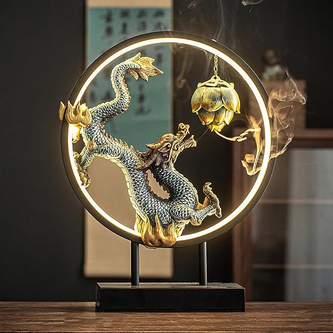 Chinese Ceramic Dragon Statue Backflow Incense Burner Sculpture with USB Power, LED Light Ring,Adjustable Brightness (BJL002)