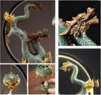 Chinese Ceramic Dragon Statue Backflow Incense Burner Sculpture with USB Power, LED Light Ring,Adjustable Brightness (BJL002)