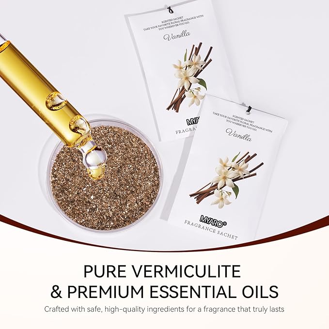 MYARO 12 Packs Vanilla Scented Sachets for Drawer and Closet, Long-Lasting Closet Sachet Bags Drawer deodorizers Fresh Scents, Home Fragrance for Lover