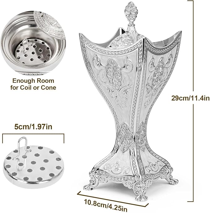 Bakhoor Incense Burner, 11Inches Charcoal Incense Burner - for Yoga, Spa Aromatherapy, Office & Home Decor, Trophy Shape (Silver)