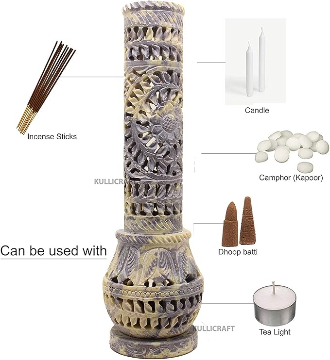 Carry Me Marble Soapstone Incense Stick Holder | Candle Burner | Tea Light Stand - Perfect Handmade Bottle Tower. Decorative Floral Carving for Gifting - Home and Office Decor - (2.5x2.5x10 Inches)