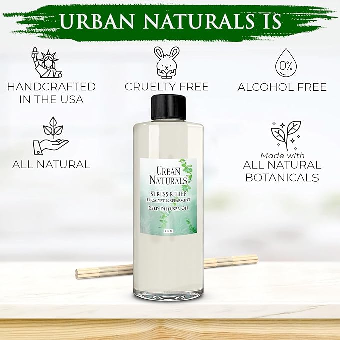 Urban Naturals Reed Diffuser Oil Refill Eucalyptus Spearmint with Lemon Peel, Clary Sage 8 oz + Free Reed Sticks, Made in The USA