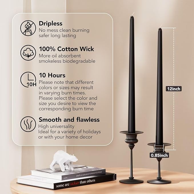 New Burning Formula Unscented Dripless 12-Inch Taper Candles Set of 12 - Black, for Wedding, Dinner - Smokeless, Long Burning - Hand Poured, Colored Tall Candlesticks - Negro
