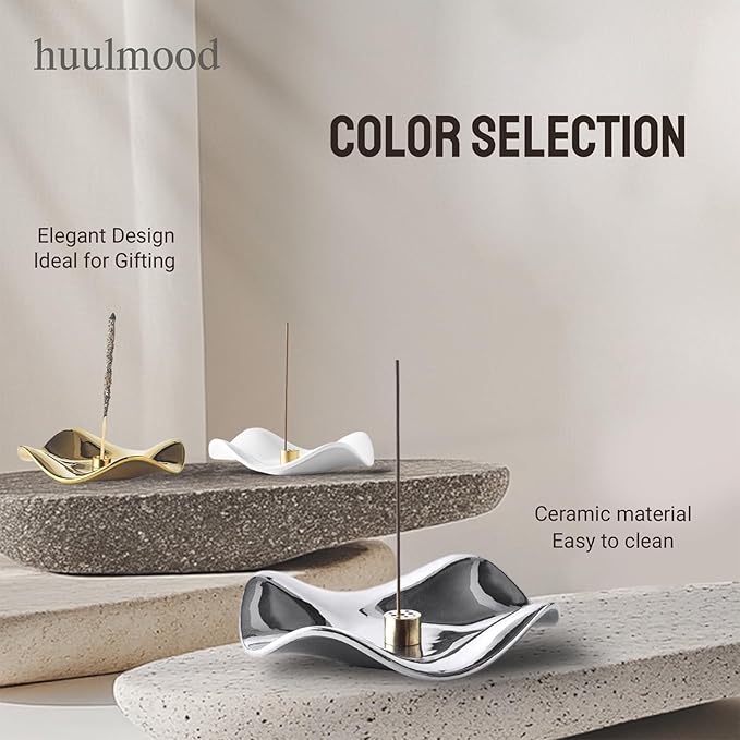 6.7 "Ceramic Incense Burner for Incense/Coil,Wavy Base with Brass -Incense Holder for Sticks,with Ash Catching Bowl for Meditation Yoga and Home Decoration (Silver)