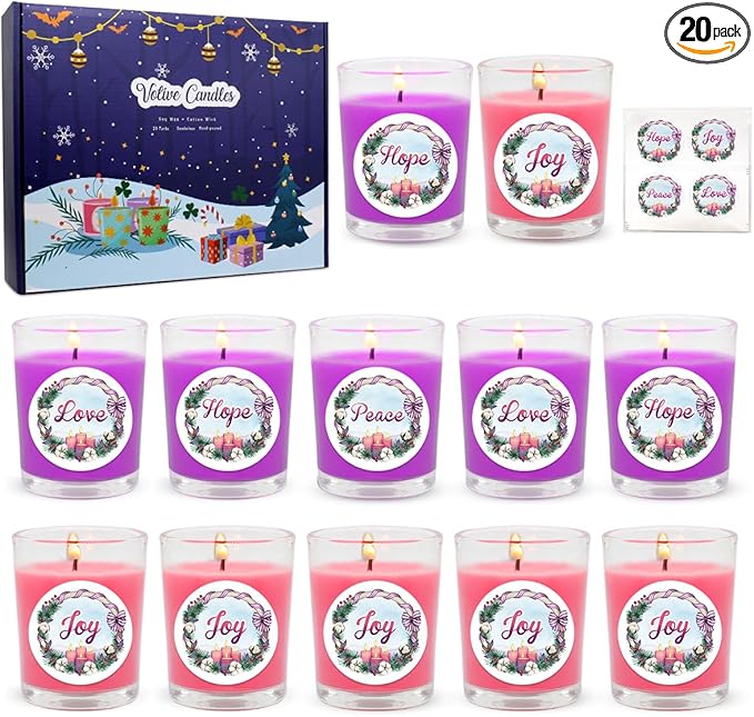 20 Packs Unscented Christmas Advent Votive Candles in Glass, Small Natural Soy Wax Colored Candles with 20pcs Stickers of Hope, Peace, Joy and Love - 5 Pink and 15 Purple