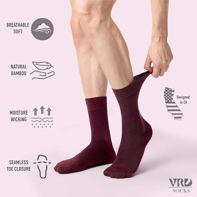 VRD Men’s Dress Socks, Bamboo 5-Pack Mens Socks, Mid Calf Length, Crew Socks Gift for Men Shoe Size 8-13