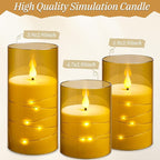 Flashing Flameless Candles with String Light, Battery Powered Candle, Recessed String LED Candles, Indestructible Plexiglass Candle with Remote Control, Set of 3, Amber