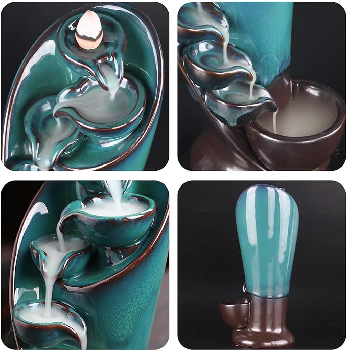 1 Pack Ceramic Incense Burner Waterfall, with 20 Cones and 30 Fragrance Sticks, Backflow Incense Burner Holder, Waterfall Torch Incense Burner, Smoke Fountain, for Room Office Aromatherapy Ornament