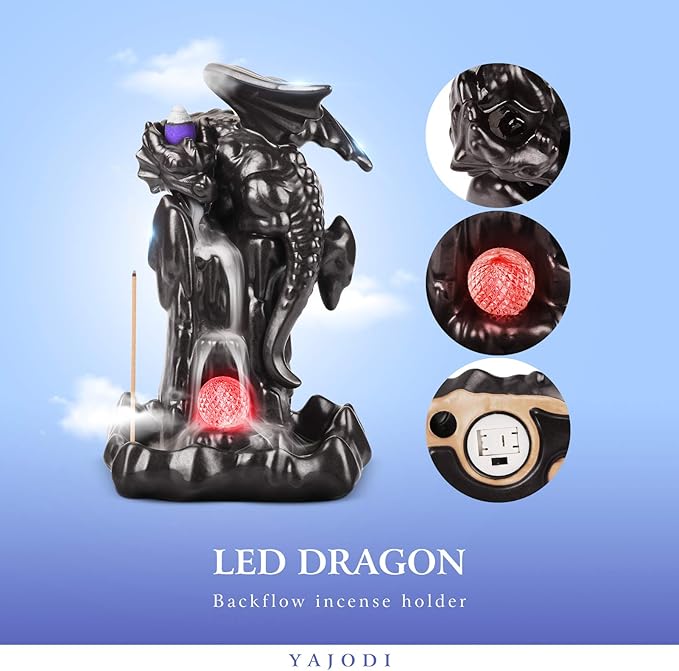 Dragon Backflow Incense Holder Waterfall Incense Burner, Smoke Incense Holder,with 70 Backflow Incense Cones+50 Incense Stick,1 Mat,1 Tweezers Ornament Home Decor（Black Brown）