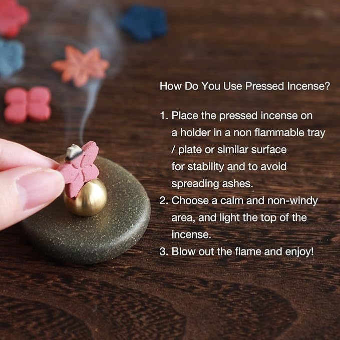 Flower Shaped Pressed Incense Set with Brass Holder (12PCS) by Asayu Japan