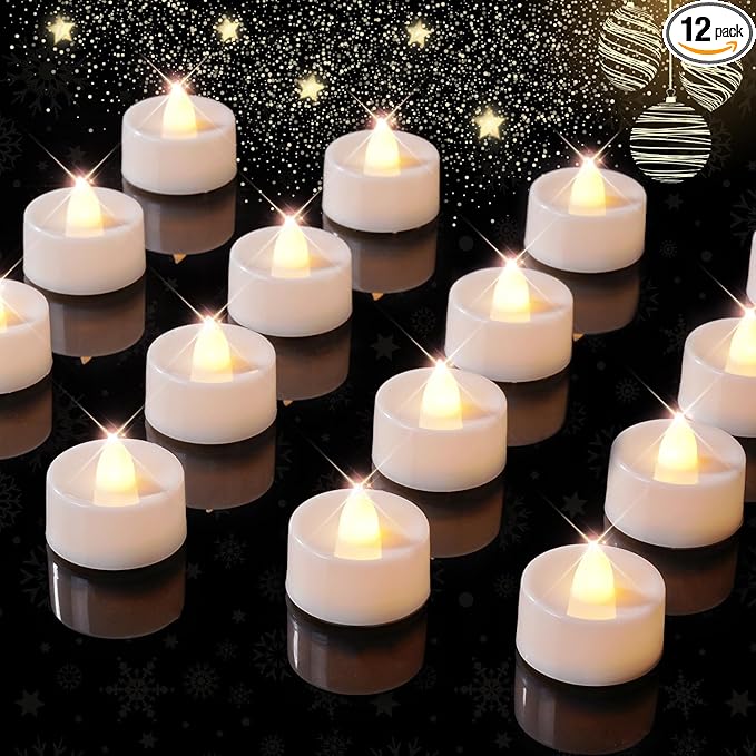 BEICHI 12-Pack Timer Tea Lights Candles Battery Operated, LED Tea Light with Timer, Built-in 6 Hours Flameless Tea Candles, Tea Lights Flickering Votive Candles 1.5'' D x 1.3'' H (Warm White)