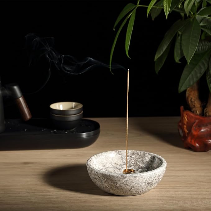 Koville Moroccan Natural Marble Incense Holder, Incense Holders for Sticks, Sturdy Incense Burner Ash Catcher, Ideal for Meditation, Relaxing, Easy to Clean(Gris Lido)