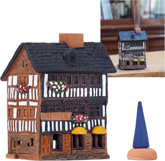 Ceramic Houses Collection - Collectible Handmade Miniature of Creperie in Mont St. Michel, France - Cone Incense Holder R325