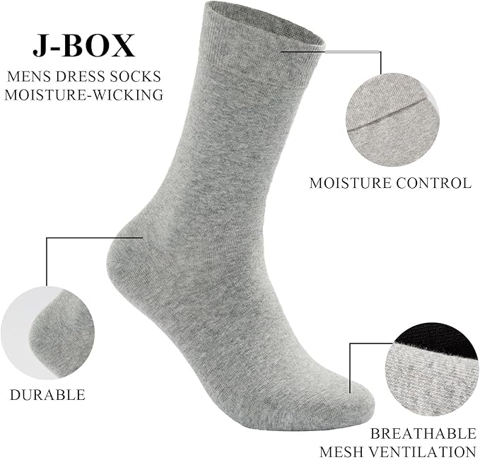 J-BOX Men's Cotton Crew Socks-Wicking Black Dress Socks, Anti-Odor&Breathable for Business/Casual, Size 6-15