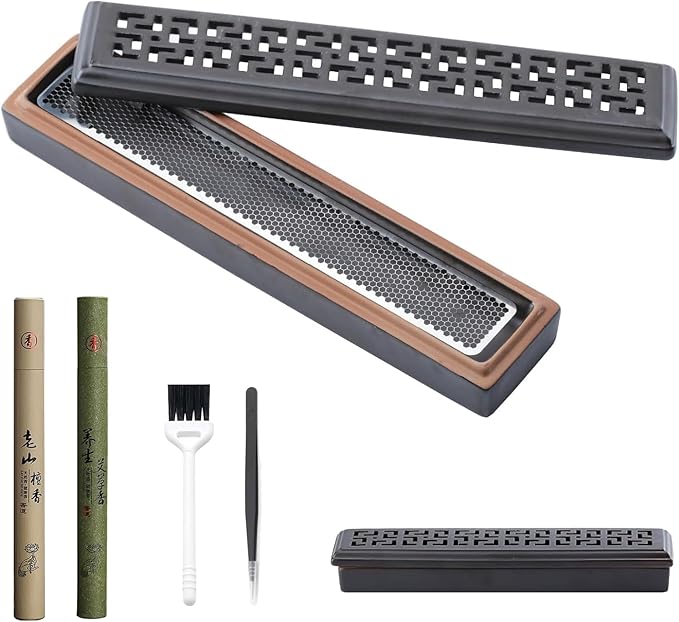 Incense Holder,Ceramic Incense Holder for Sticks with Ash Catcher,Coffin Style Incense Box,Incense Burner for Meditation Yoga Spa Room Decor(Brown)