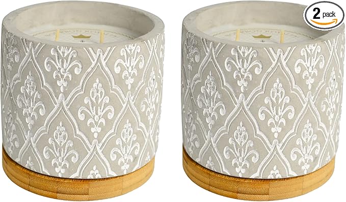 Classic Damask Pattern Large 16 Ounce Stone/Wax Scented Votive Jar Candle for Home or Office, Creole Currant, Grey/White, 2 Pack