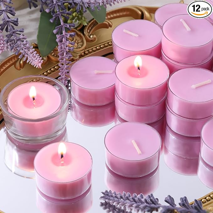 Pure Lavender Scented Tealight Candles, 12 Pack Natural Palm Tea Lights Candles for Home Scented, 4-5 Hour Small Votives with Natural Essential Oils for Home Aromatherapy, Baby Shower Favors