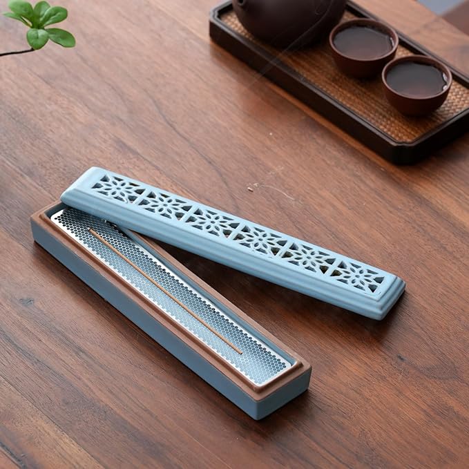 Incense Holder,Ceramic Incense Holder for Sticks with Ash Catcher,Coffin Style Incense Box,Incense Burner for Meditation Yoga Spa Room Decor(Blue)
