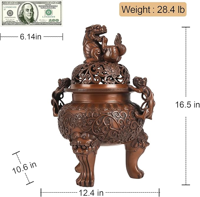 Top Brass Incense Burner & Holder Censer - Handmade for Home Decor, Meditation Decor, Spiritual Gifts, Zen Decor, Suitable for Incense Coil and Incense Cones,Chinese New Year Decoration (Extra Large)
