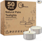 Unscented Palm Tea Lights Candles 50 Pack Bulk, 6 to 7 Hours Long Burning White Tea Lights,Non-Paraffin, Smokeless, Mini Tealight Candles for Wedding, Christmas Lights, Party, Power Outages