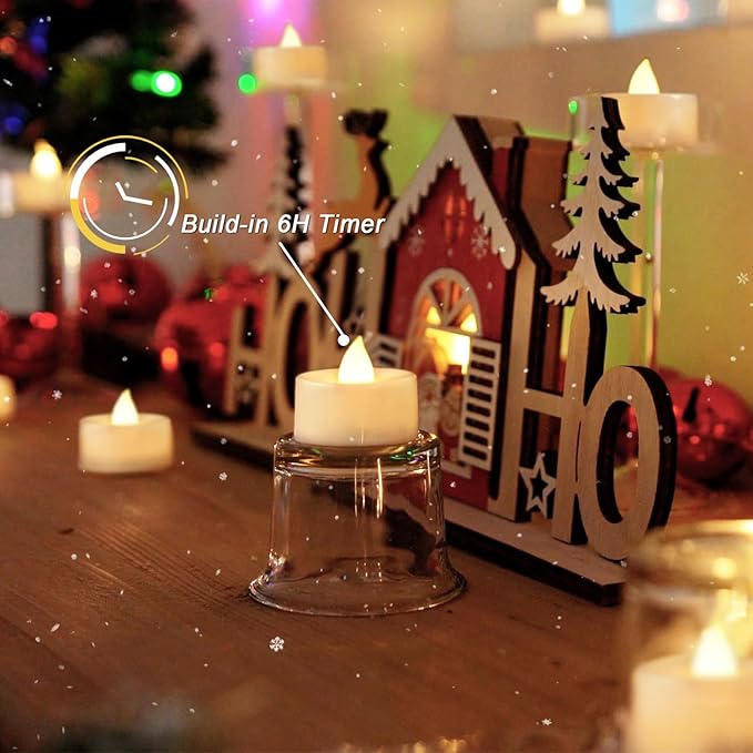 BEICHI 24pcs Battery Operated Tea Lights with Timer, Built-in 6 Hours Tea Light, Warm White Flickering Electric Tea Candles with Timer, 1.4'' Dia x 1.25'' H, LED Flameless Candles with Timer