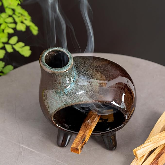 Handcrafted Ceramic Palo Santo Holder Burner with Green Glaze - Modern Footed Pottery Incense Chimney Dish - Great for Meditation - Wood Sticks, Sage, Ash Catcher Bowl, Cone Compatible.