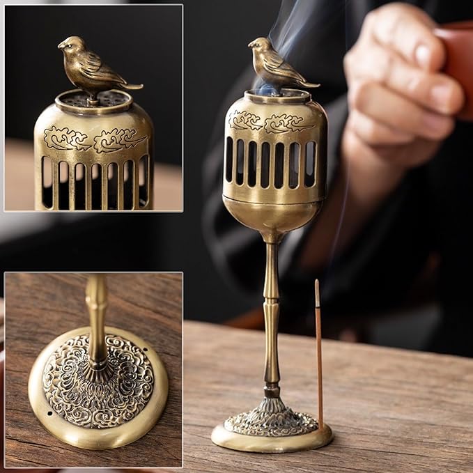 Antique Golden Magpie Lantern Incense Burner, Multi-Use Decorative Incense Holder, Elegant Zinc Alloy Craftwork, Ideal for Meditation, Relaxation, and Home Decor (Golden Magpie)