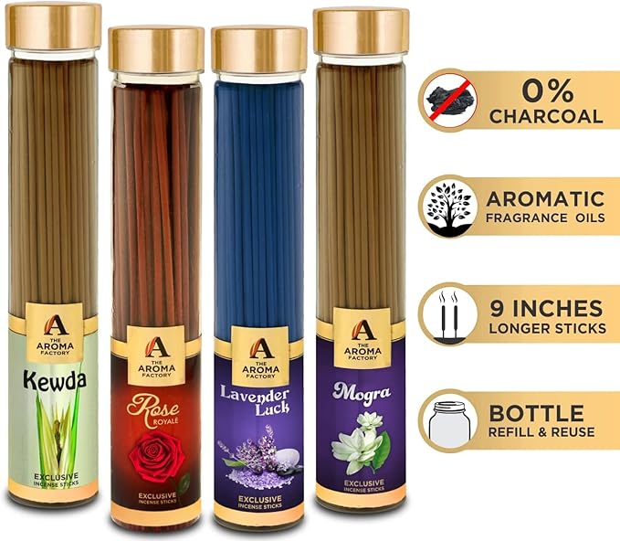 The Aroma Factory Organic Incense Sticks Aromatic Fragrances | Rose, Mogra, Kewda & Lavender | No Charcoal, Scented Incense | Herbal Pooja Agarbatti | 4x100g Jute Bag Giftset