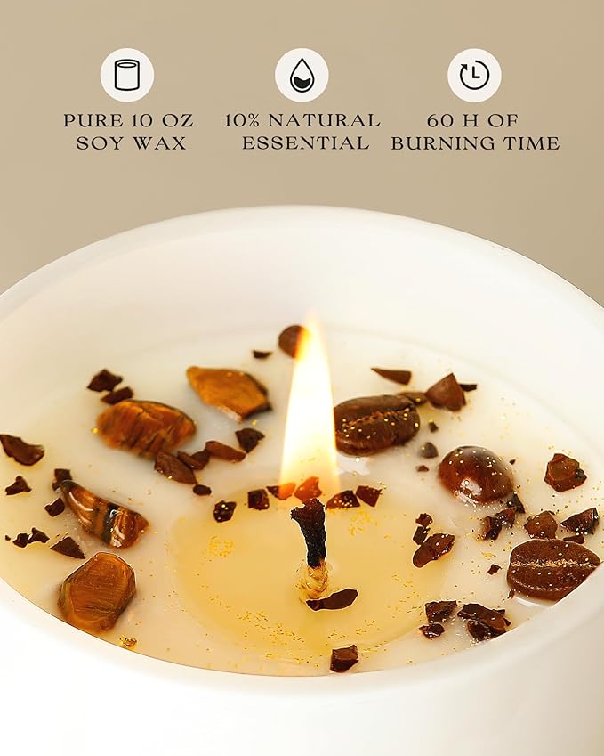 AOOVOO Macchiato Coffee Scented Candles for Women - Aromatherapy Candle with Crystals Inside, 10oz, 60H Burning Time, Soy Candles for Home Scented, Birthday Gifts Candle for Women Mom