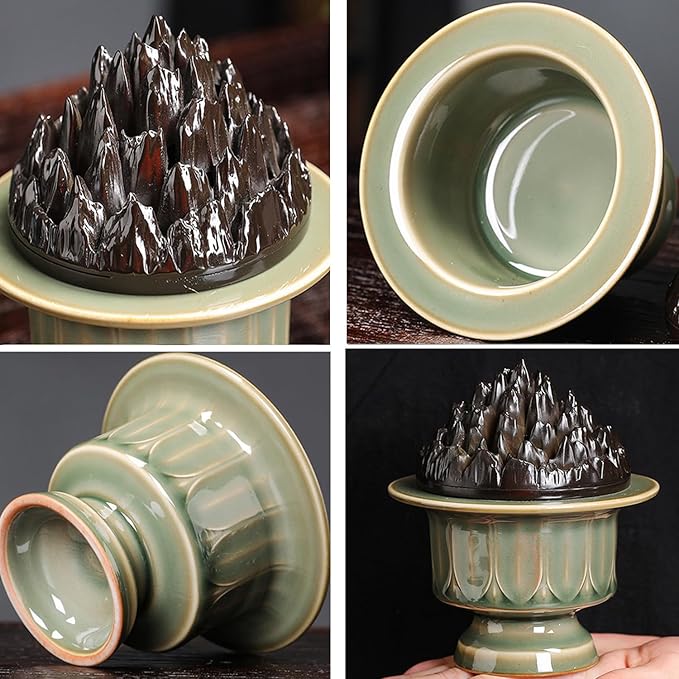 Ceramic Incense Burner with Lid of Mountain Shape,Incense Cone Holder for Coil Incense and Powder Incense,Mediation Gift,Room Decor(Celadon)