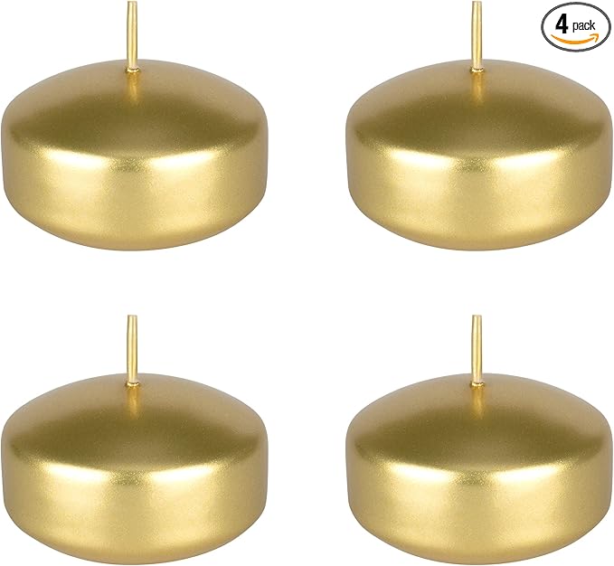 Mega Candles 4 pcs Unscented Gold Floating Candles, Hand Poured Wax Candle 2 Inch Diameter, Home Décor, Wedding Receptions, Centerpieces, Occasions, Events, Festivities, Meditations, Spas