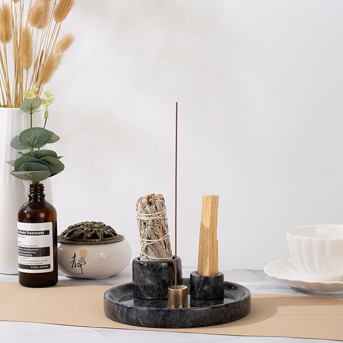 4 in 1 Marble Incense Holder, Natural Marble Incense Burner for Meditation, 9 Incense Holes Suitable for Most Incense Types (Black)