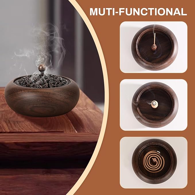 Incense Burner with Stick Holder for Sticks Cones and Coils, Black Walnut Wooden Incence Holder for Meditation Yoga Spa Room Home Decor