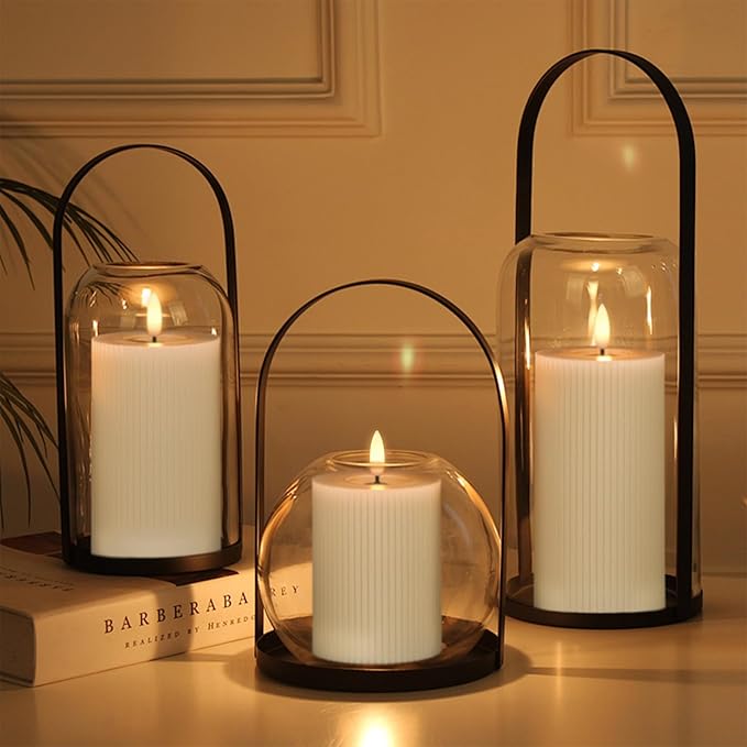 Real Wax Flameless Candles with 6hrs Timer, Battery Led Pillar Candles Flickering 3D Wick Pack of 3 Striped Candles, Party Dinner Home Decor House Warming, Light Gray Φ 3" H 5" 6" 7"