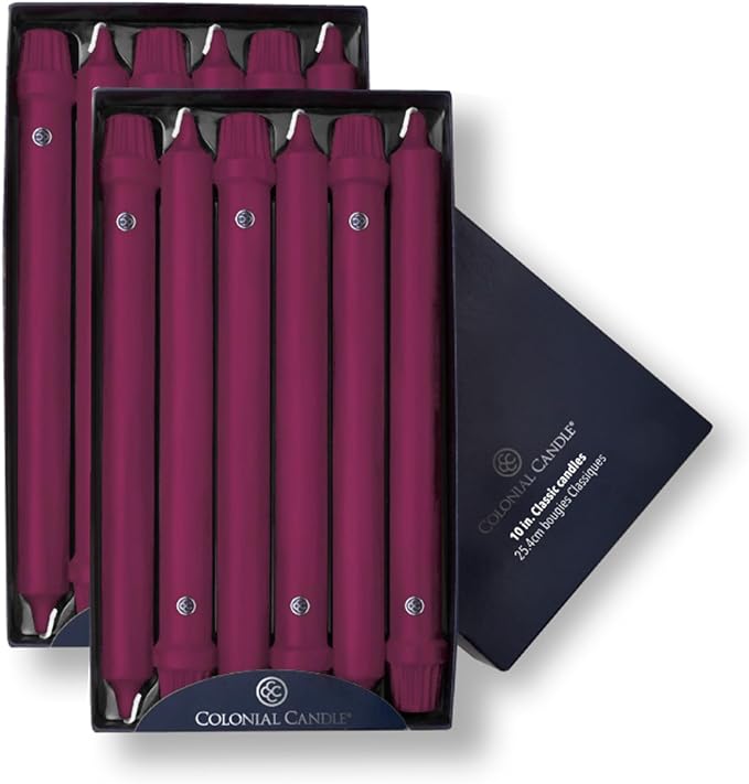 Colonial Candle Unscented Taper Candle, Classic Collection, Mulberry, 10 In, Pack of 12 - Up to 8 Hours Burn