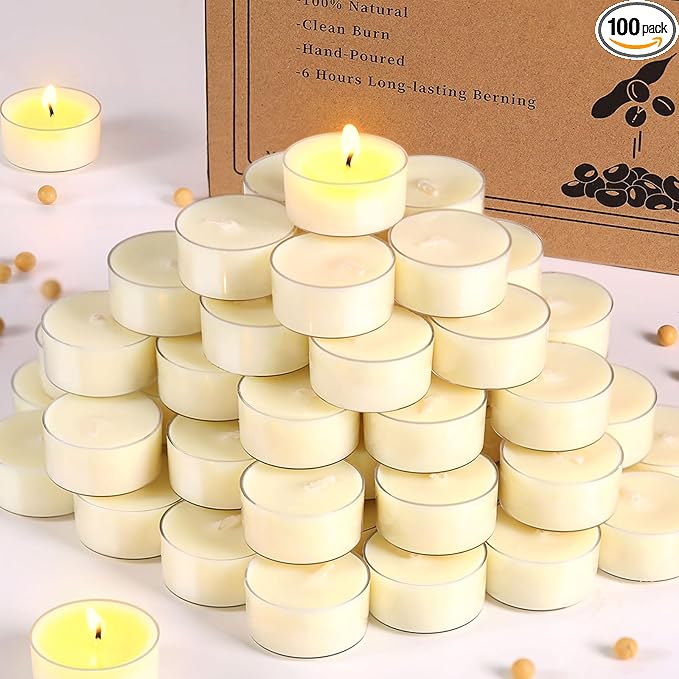 100 Pcs Soy Wax Tealight Candles (6 Hour Burn Time) White Unscented Votive Candles, Smokeless & Extended Burn Time Clear Cup Tea Lights for Weddings, Home, Emergencies