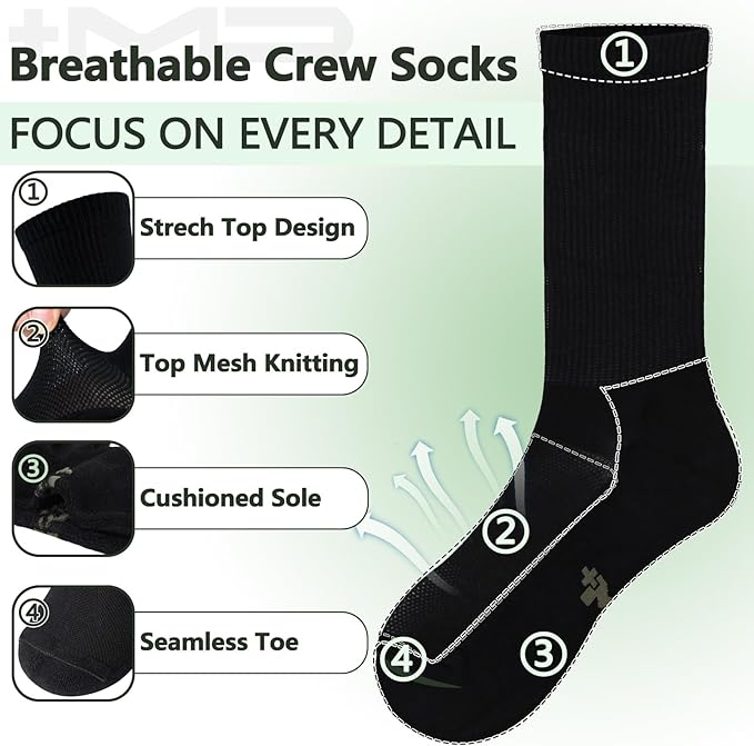 +MD Crew Socks for Men 6 Pairs, Viscose Bamboo Socks, Mens Dress Socks with Soft Cushioned, Smell Control, Black White