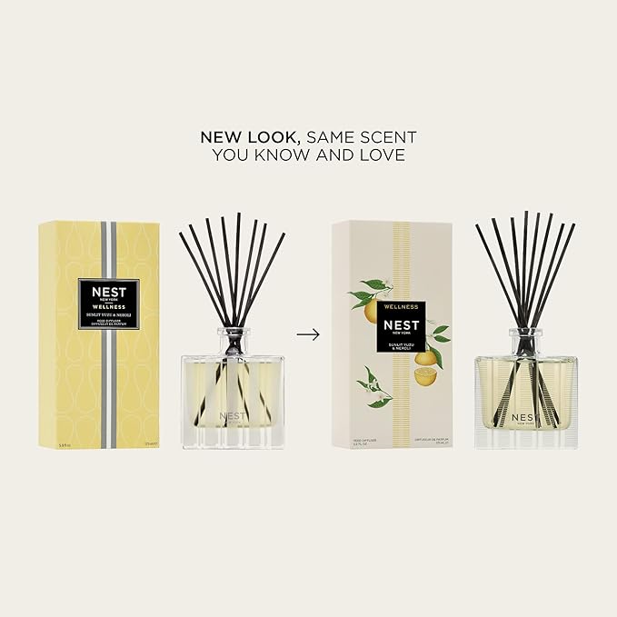NEST New York Reed Diffuser, Sunlit Yuzu & Neroli - 5.9 fl oz - Fragrance for Up to 90 Days - Reusable, Refillable Glass Holder - Includes 8 All-Natural Reed Sticks - Flame Free