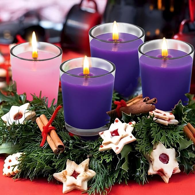 12 Packs Advent Candles with Clear Glass Holder, 9 Purple and 3 Pink Votive Candles, Unscented Seasonal Celebration Candles for Christmas Table Decoration, 1.8oz, KFUS-12VOT-ZIFEN