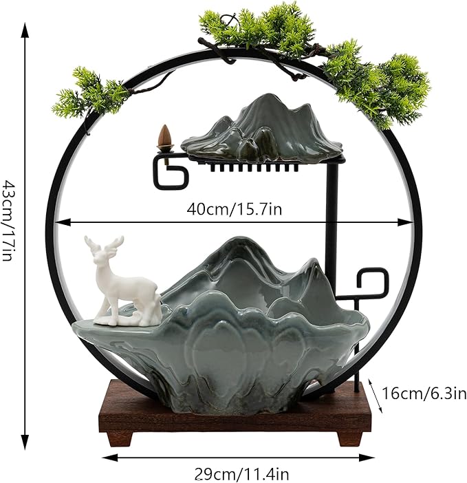 Tabletop Water Fountain with LED Light Ring,Atomizer,Water Pump Indoor Waterfall Backflow Incense Holder Deer Desk Ceramic Fountain with Mist for Office,Living Room or Bedroom Decoration (B)