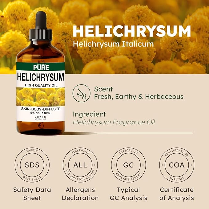 KUKKA Helichrysum Essential Oils - 4 Fl Oz - for Hair, Skin, Diffuser, Aromatherapy & DIY Soap Making Scent