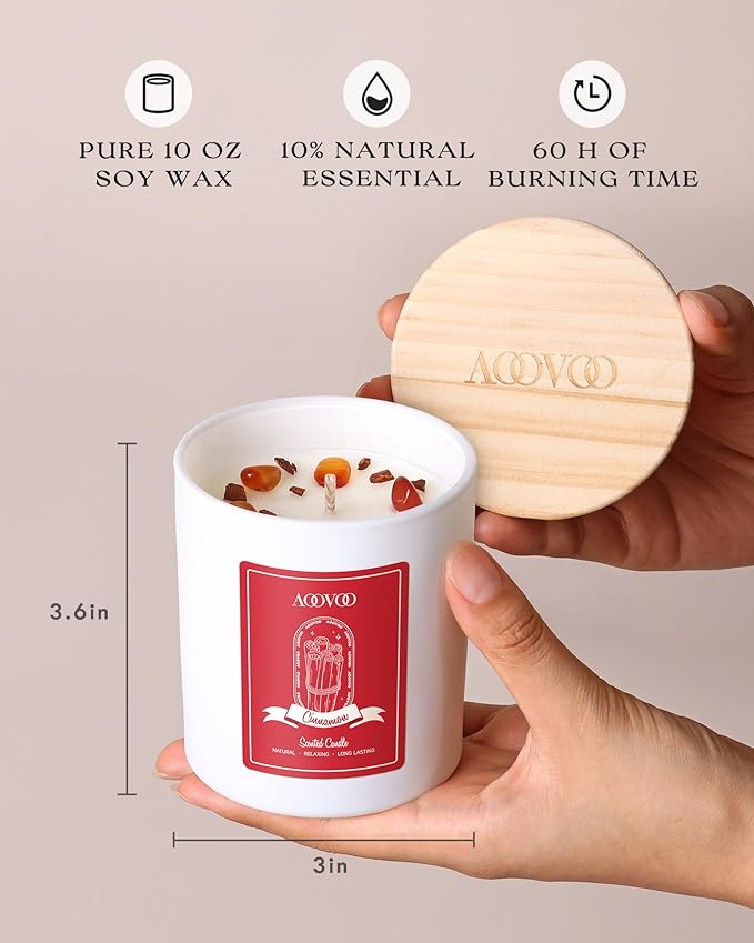 AOOVOO Cinnamon Scented Candles for Women - Aromatherapy Candle with Crystals Inside, 10oz Soy Candles for Home Scented, Birthday Gifts Candle for Women Mom