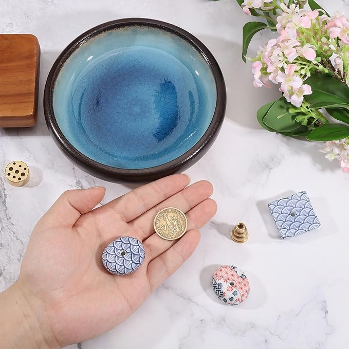 CHGCRAFT 5 Pcs 5 Style Incense Burner Holder Porcelain Incense Stick Holder Blue Japanese Style Smudge Bowl Brass Burning Meditation Accessories