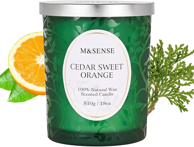 M&SENSE Cedar Orange Candles, Wooden Wick Strong Scented Candle, 100 Hours Long Burning No Toxin Natural Soy Wax 18oz, Cozy Air Purifying Relaxing Home Fragrance, Housewarming Gifts for Her Him
