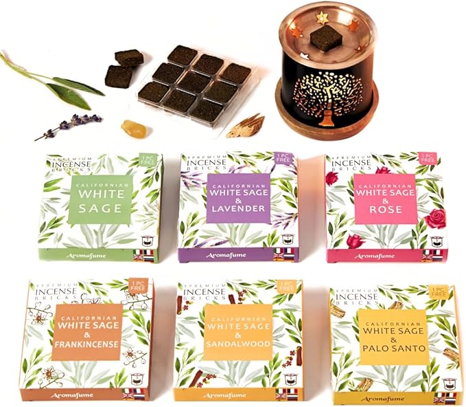 White Sage Incense Brick Super Set by Aromafume | 54 Bricks & Tree of Life Exotic Burner | White Sage with Rose, Lavender, Palo Santo, Sandalwood, Frankincense | Sage for Cleansing, Smokeless Smudging
