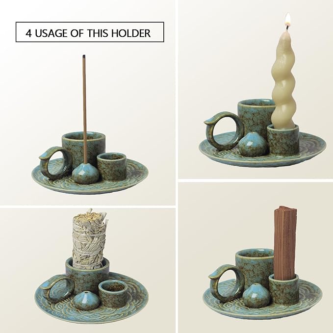 4 in 1 Incense Burner Holder for Sticks, Palo Santo Sticks Holder, Candle and Sage Holder for Burning Ceramic Ash Catcher Tray for Meditation Yoga Room Home Decor (Blue)